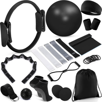 Poen 18 Pcs Home Pilates Ball and Ring Circle Set Yoga Fitness Essentials Kit with 5 Resistance Band Stretching Strap Non Slip Sock Ball Core Slider Wristband Headband Gym Bag for Women, Black