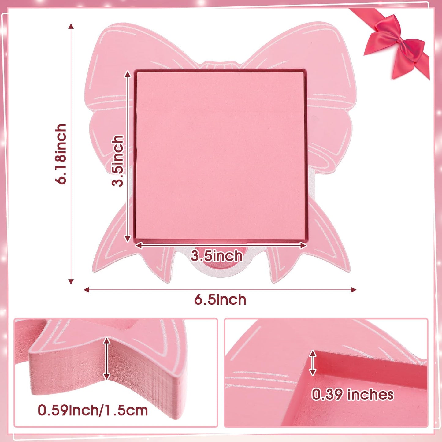 BrightRow Pink Bow Sticky Note Holder Large Wood Notepad Dispenser 3 x 3 Sticky Notes Organizer Cute Self Stick Memo Pad Holder for Desk Office Back to School Gift, No Pads Included