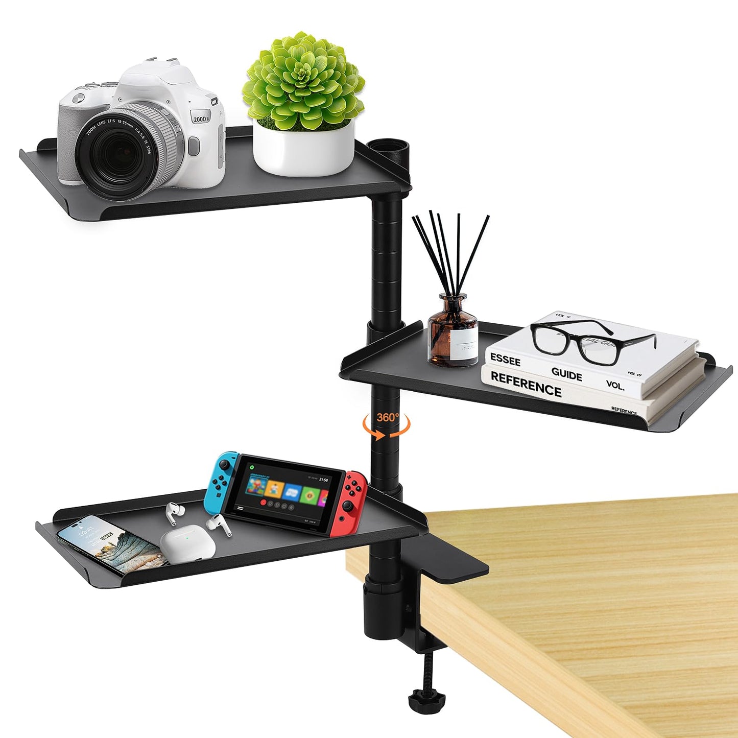 FBOAZI 3 Tier Clamp On Desk Shelf,360° Rotatable Adjustable Above or Under Desktop Organizer,Carbon Steel Storage Tray for Home Office and Gaming Accessories（Black）