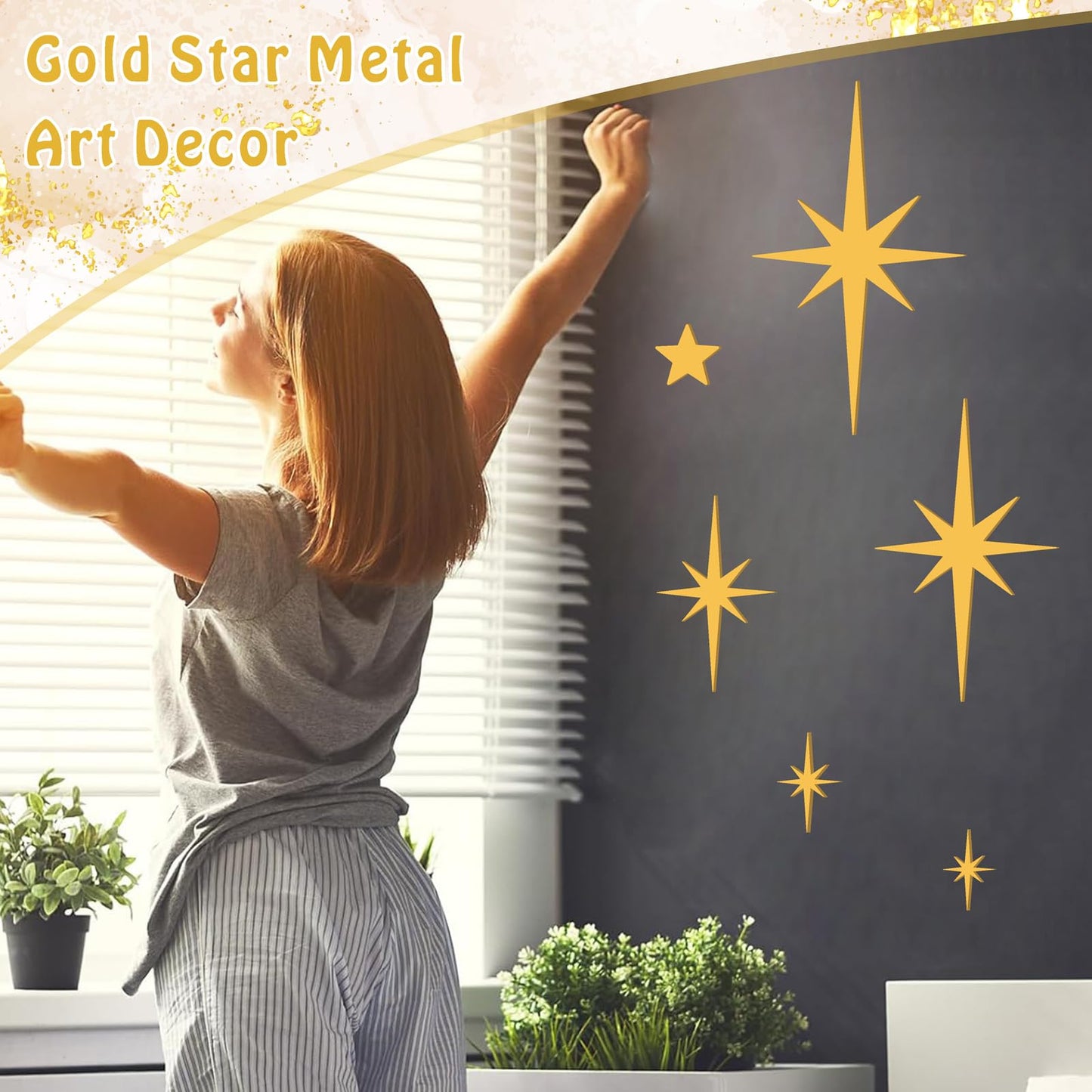 6 PCS Gold Star Wall Decor Iron Starburst Wall Decoration Retro Christmas Stars Art Signs Mid Century Modern Decor for Living Room Star Hangings Sculptures Golden Metal Art for Home Office Bedroom