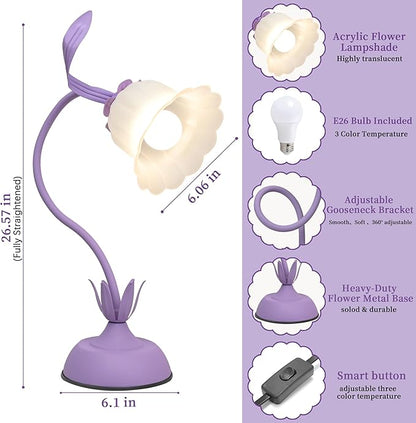 Vintage Flower Table Lamp, 3 Color Temperature Flexible Gooseneck Cute Small Desk Lamp for Bedroom, Kawaii Nightstand Bedside Lamps for Living Room, Dorm, Office, Home Decor (Purple)
