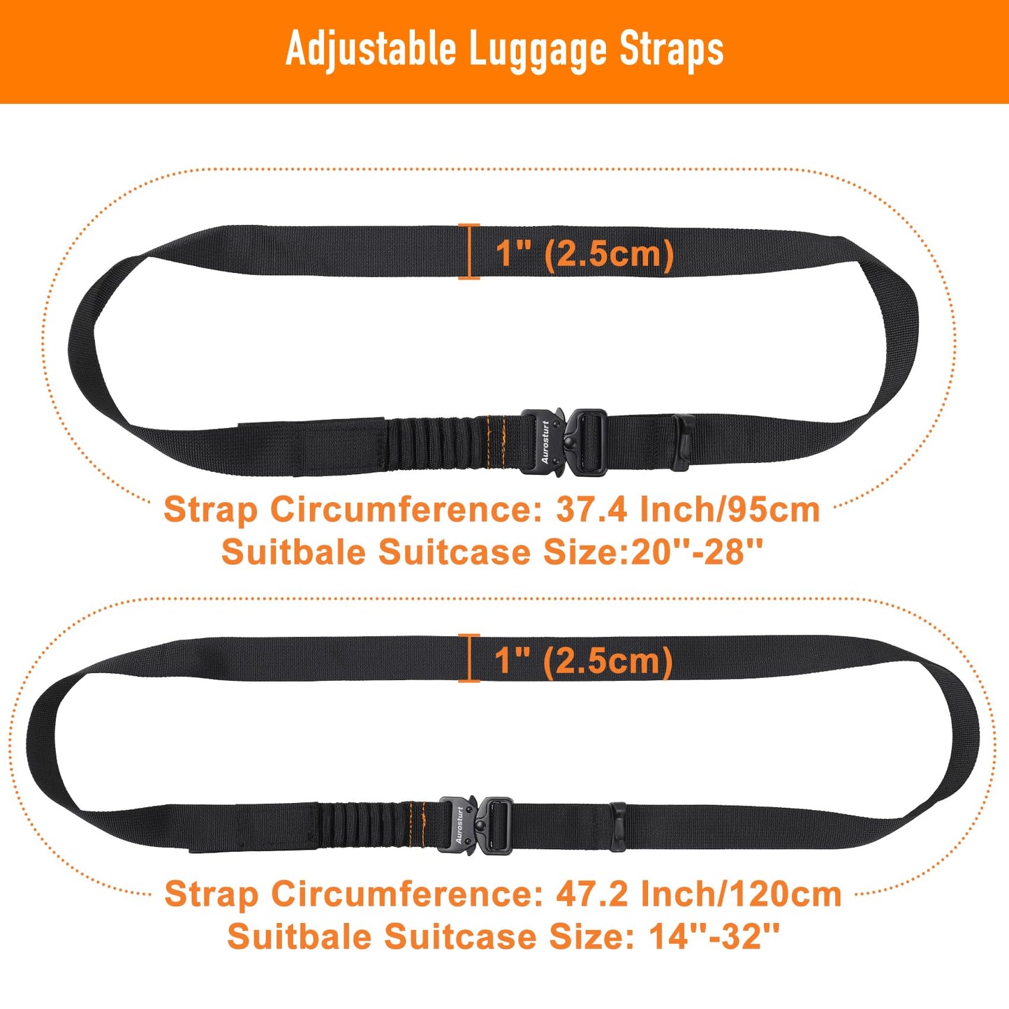Aurosturt Luggage Straps 2-Pack, Suitcase Connector Straps to Connect 3 Luggage Bags, Heavy-Duty Nylon Webbing with Metal Buckles, Adjustable Travel Belt for Carry On or Checked Bags