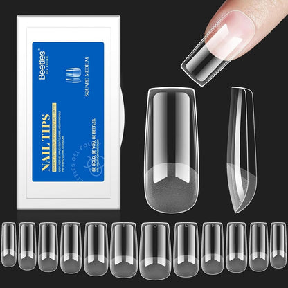 Beetles Gel Nail Kit Short Almond, 240Pcs Easy Nail Extension Set Shaped Clear Tips with 5 in 1 Nail Glue Base & Top Coat and Mini UV Lamp, Nail Tips Art Acrylic Nail Kit Gifts for Women