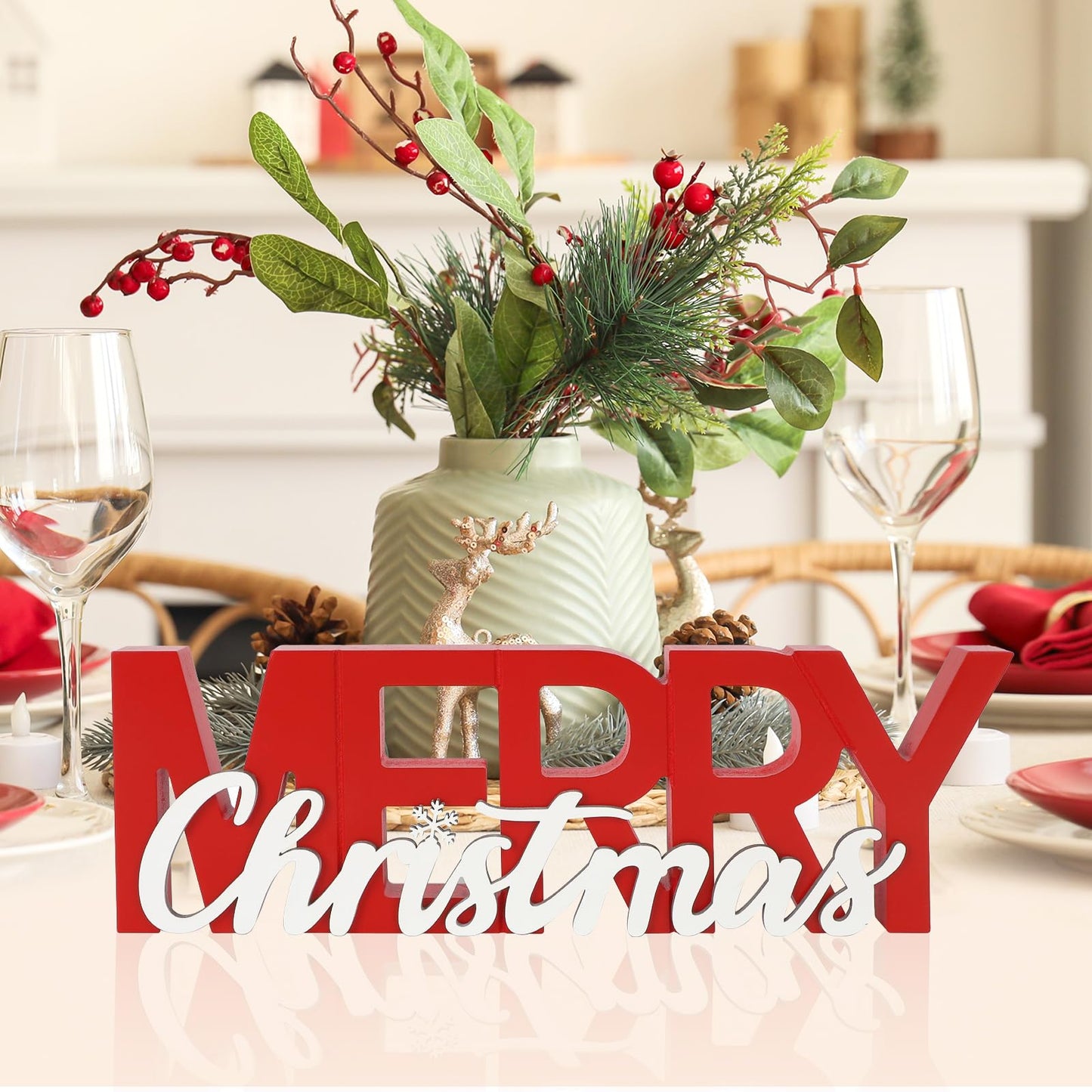COCHIE Wooden Merry Christmas Sign, Winter Decorations for Home, Office, Shelf, Mantel, Indoor, Wood Snowflake Decor, Red White Table Top Party Decoration (Merry Christmas)