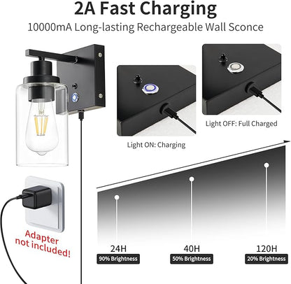 Dimmable Battery Operated Wall Sconce Set of 2 Black with 3-Color Temperature Bulb, 10000mAh Rechargeable Wireless Wall Sconces Set of Two with Remote Control Wall Light for Bedroom, Hallway
