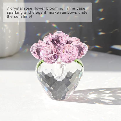 LONGWIN Crystal Rose Flower Figurines Collectible Glass Spring Bouquet with Vase Home Decor Romantic Gifts for Women Pink