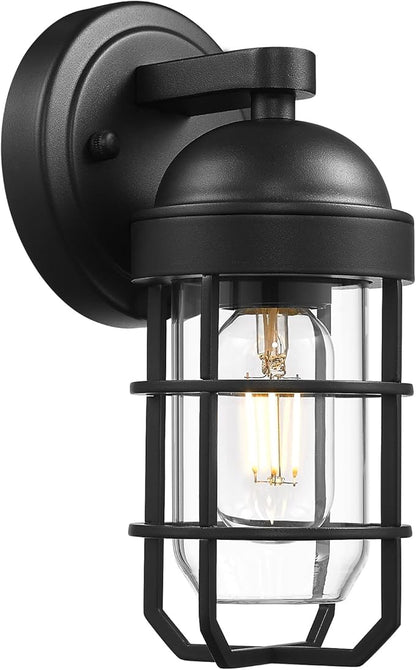 Emliviar Modern Outdoor Wall Light for House Porches, Solid Classic Metal Cage, Retro Charm Exterior Wall Light, Clear Tempered Glass, Black Finish, GE255B BK