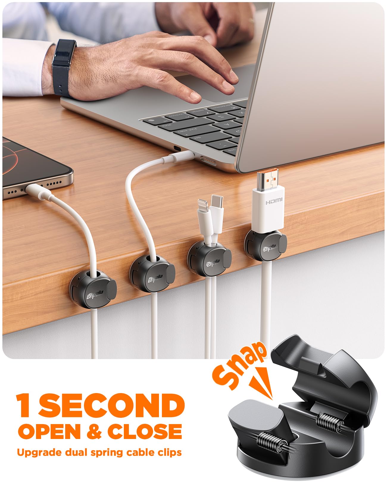 12Pack Cord Organizer [Dual Spring & Clasp, Max Secure] Cable Clips - Chfeila Cord Holder, Desk Cable Management, Adhesive Phone Charging Wire Holder for Nightstand/Car/Wall, Office Accessory - Black