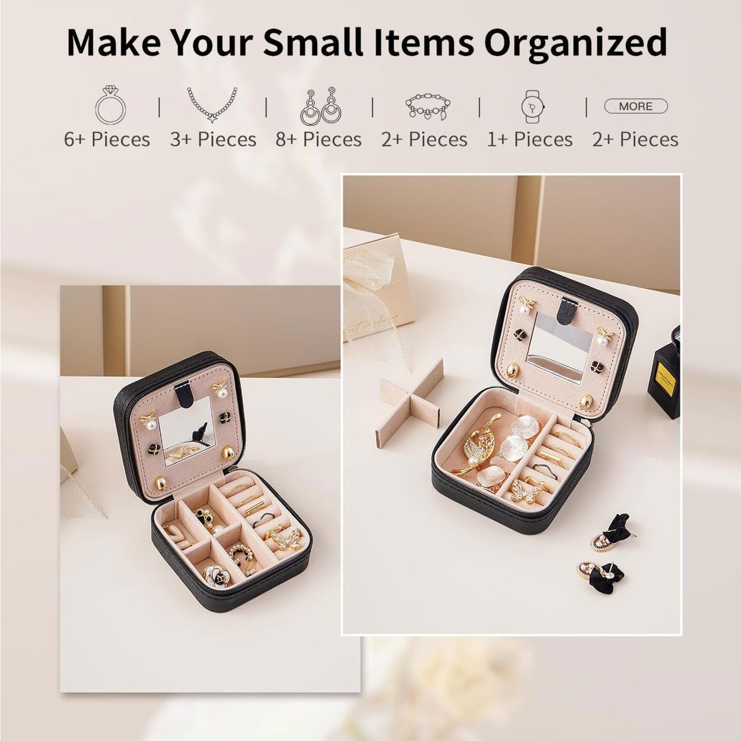 Artinhand Norwegian Rosemaling Folk Style Small Travel Jewelry Case with Mirror Portable Black PU Leather Box Earrings Necklaces Rings Bracelets Storage Organizer Gift for Women And Girls