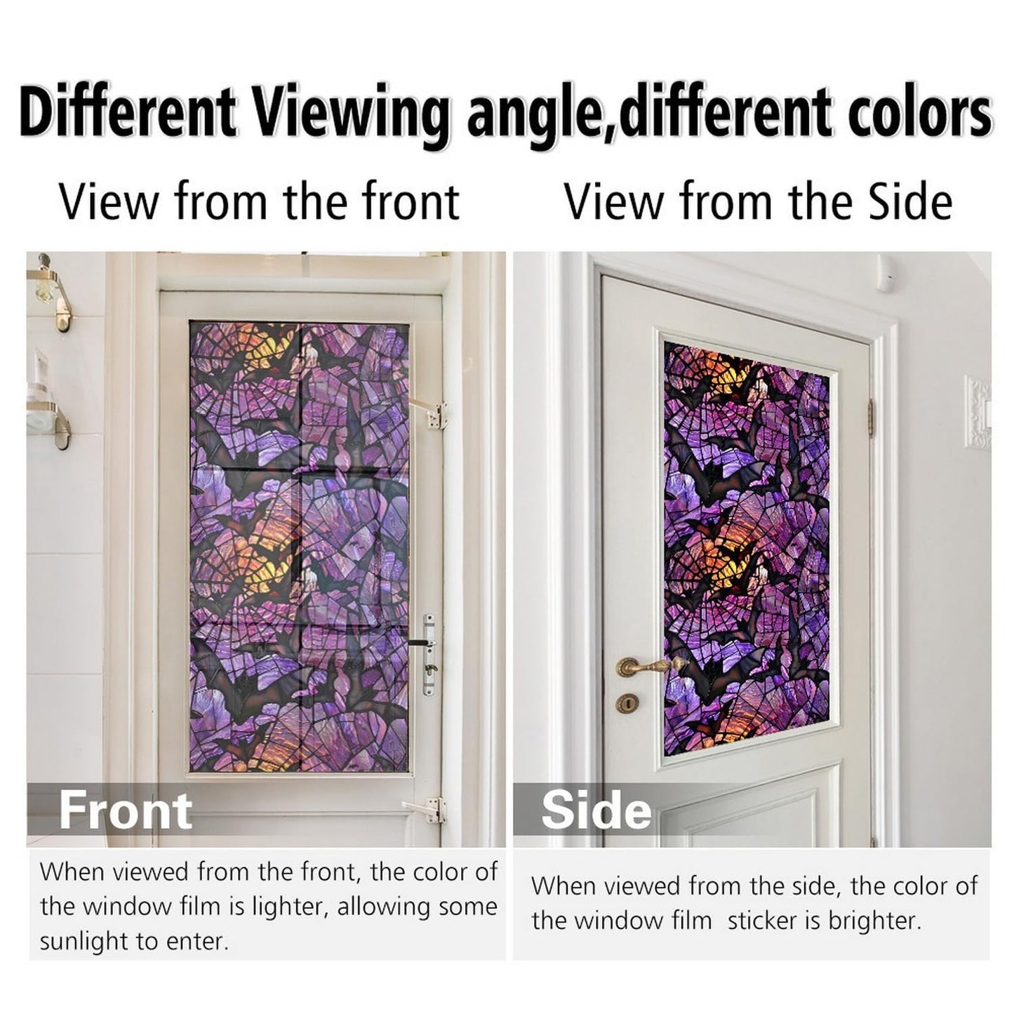 Halloween Window Stickers Privacy Film Static Window Sticker Decal Halloween Bat Window Decals Film Purple Stained Glass Clings Windows Art for Home School Office Glass Decoration