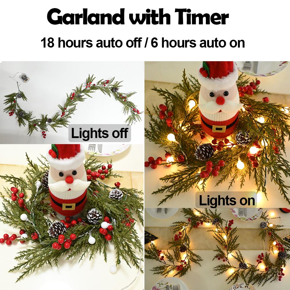 Christmas Garland 12FT 40 LED Bulbs Cypress Pine Garland with Lights Battery Operated with Bells Red Berries Pinecones Green Garlands Decoration for Xmas Holiday Thanksgiving New Year Home Decor