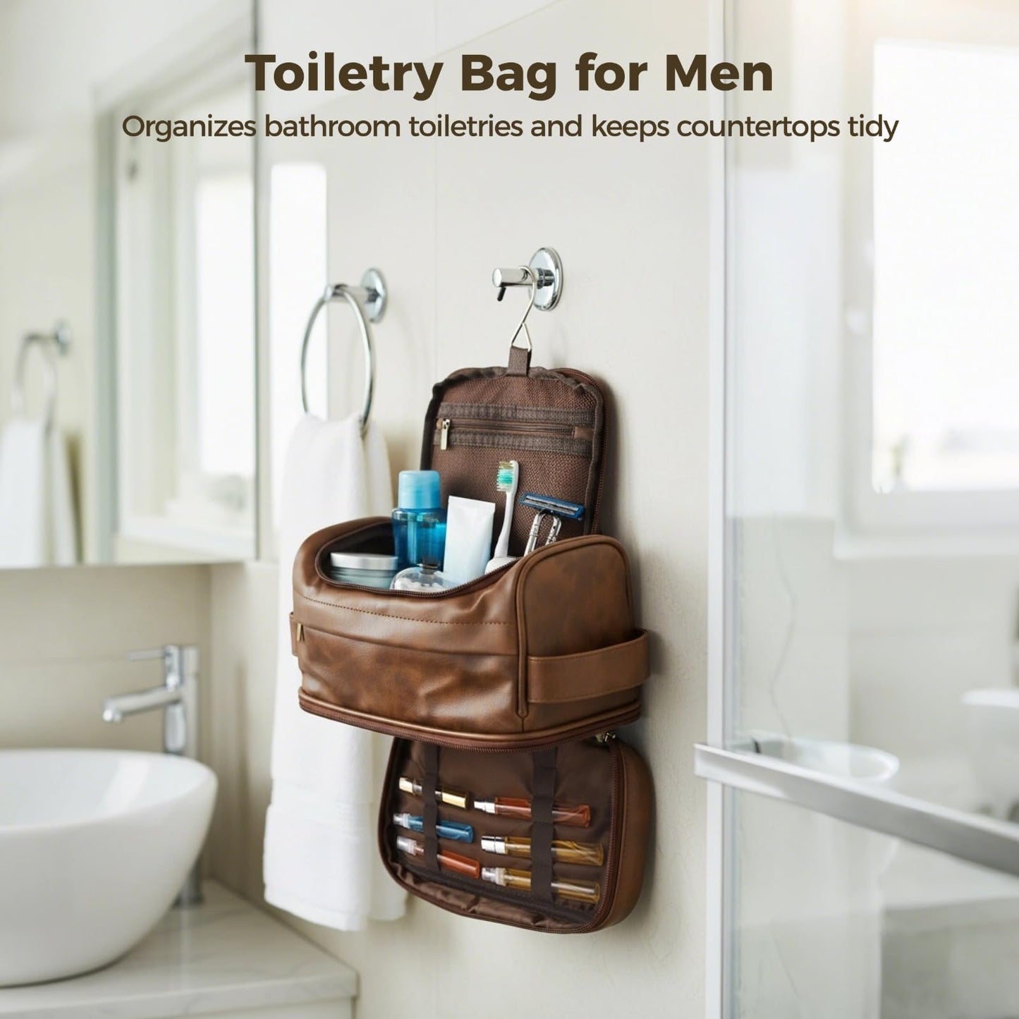 ZALIR Toiletry Bag for Men, PU Leather Waterproof Travel Kit with Hook, Multi-Compartment Shaving Organizer, Double Zipper Portable Cosmetic Bag for Business Trips