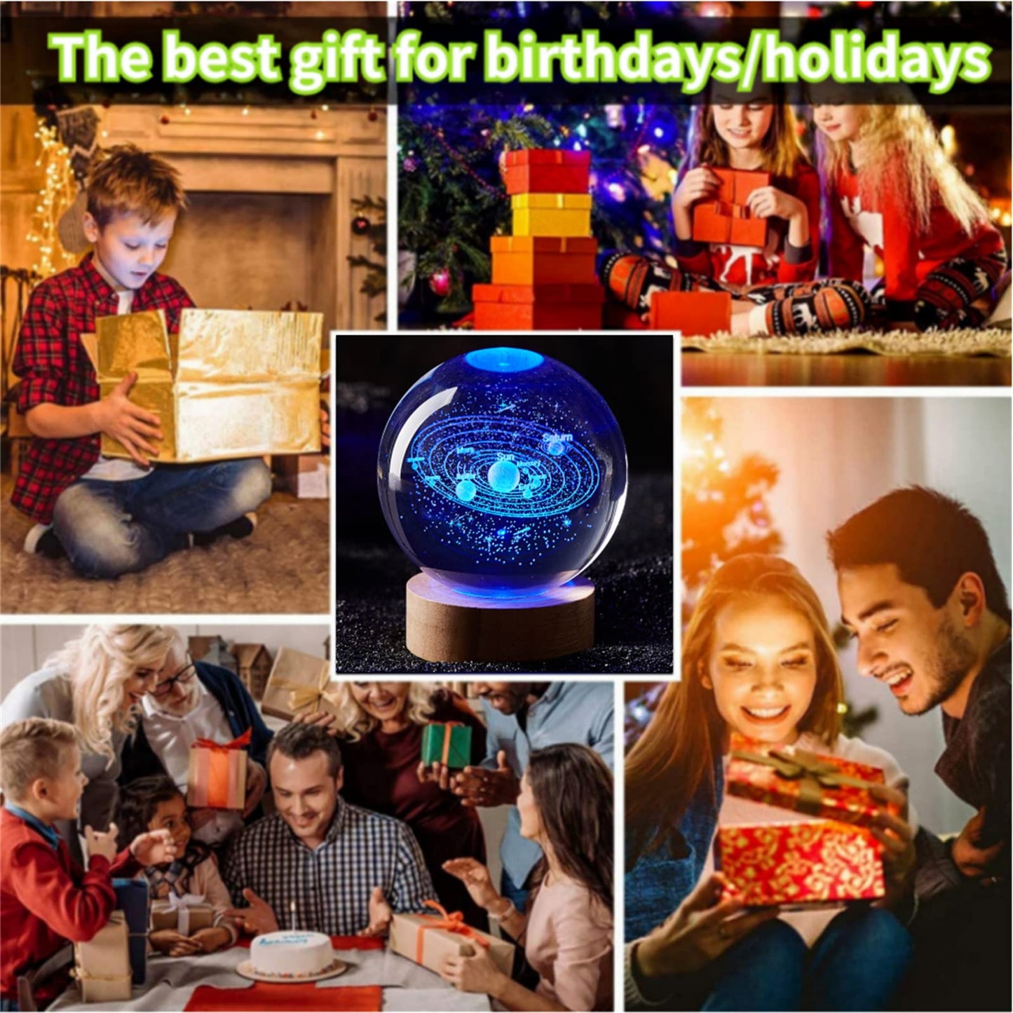 Conalisk 3D Solar System Crystal Ball Lamp,3.15 Inch K9 Crystal Ball Night Light with Wooden Base,16 Colors Changing with Remote Control,3D Planet Laser Engraving Holographic Light (Solar System)