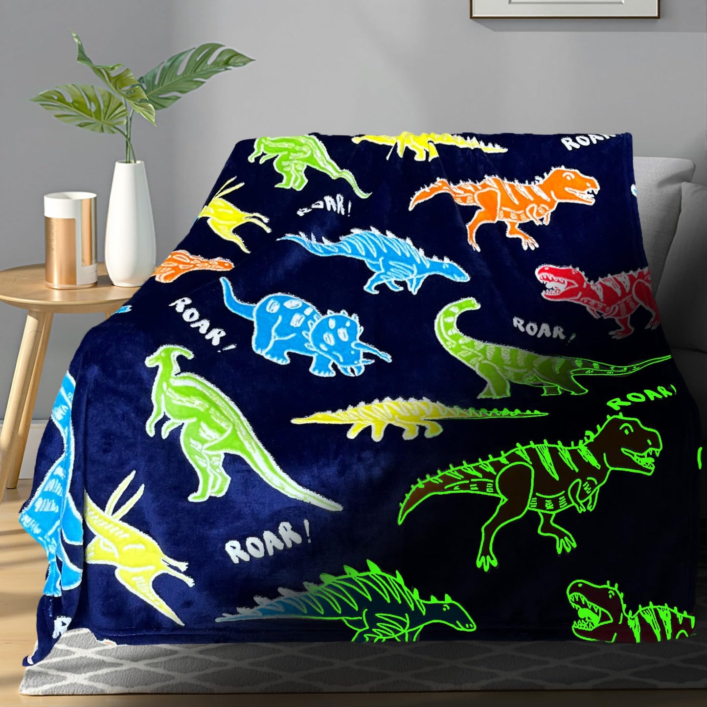 TEHALK Dinosaur Glow in The Dark Blanket for Boys/Girls/Toddler/Baby, Dinosaur Toys for Boy Age 3-12, Cute Funny Kids Throw Blanket for Birthday/Gifts 40"x 60"