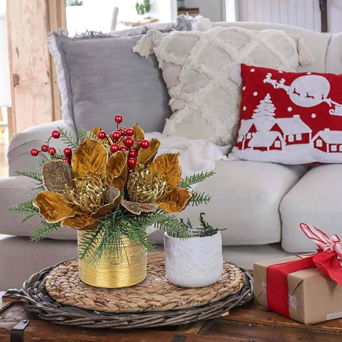 13 inch Brown Christmas Table Centerpiece 5" Glitter Magnolia Flower and Berries Fir Greenery Artificial Christmas Floral Centerpiece in Ceramic Pot Tabletop Xmas Table Arrangement Decoration