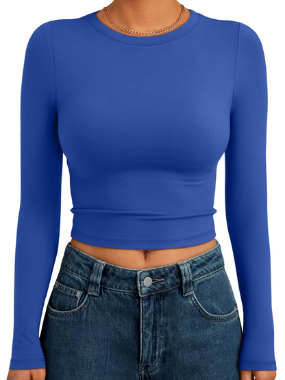 Trendy Queen Womens Long Sleeve Crop Tops Basic Slim Fitted Shirts Fashion 2025 Going Out Y2k Tops Teen Girl Clothes
