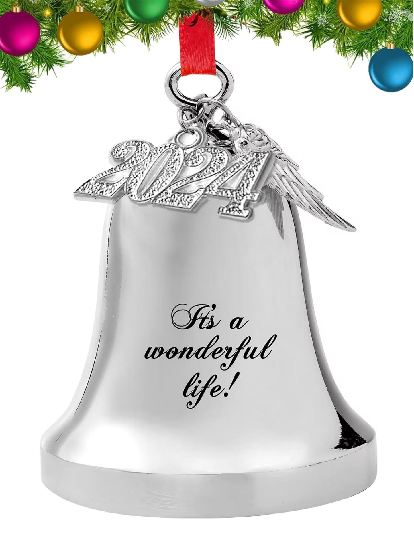 FKOG 2026 It's A Wonderful Life Christmas Bell Ornament, Silver Christmas Tree Bell and Sleigh Bell Ornament Decoration Gifts with Angel Wing Charm (It's a Wonderful Life Bell)