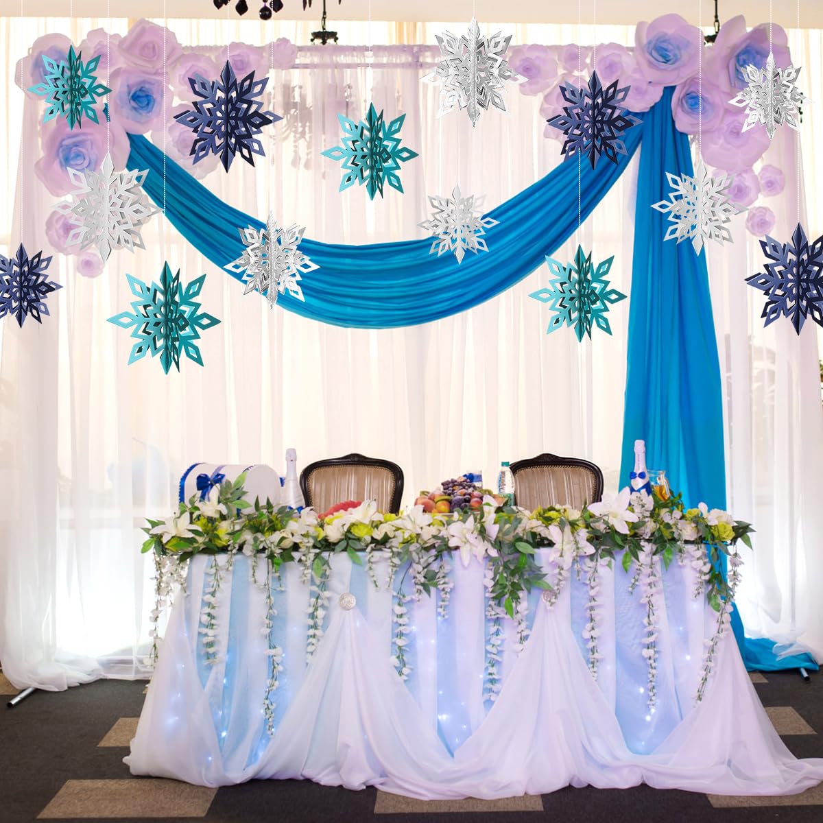 Winter Snowflake Hanging Decorations - 3D Large Blue Snowflakes Paper Hanging Garland for Christmas Winter Wonderland Holiday New Year Party Home Decoration 12PCS (Blue&Light Blue)