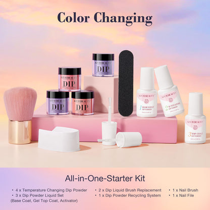 AZUREBEAUTY Dip Powder Nail Kit Starter, All Season Skin Tone Nude Brown 4 Colors Acrylic Dip Powder Liquid Set with Base/Top Coat Activator for French Nail Art Manicure DIY Salon Gifts