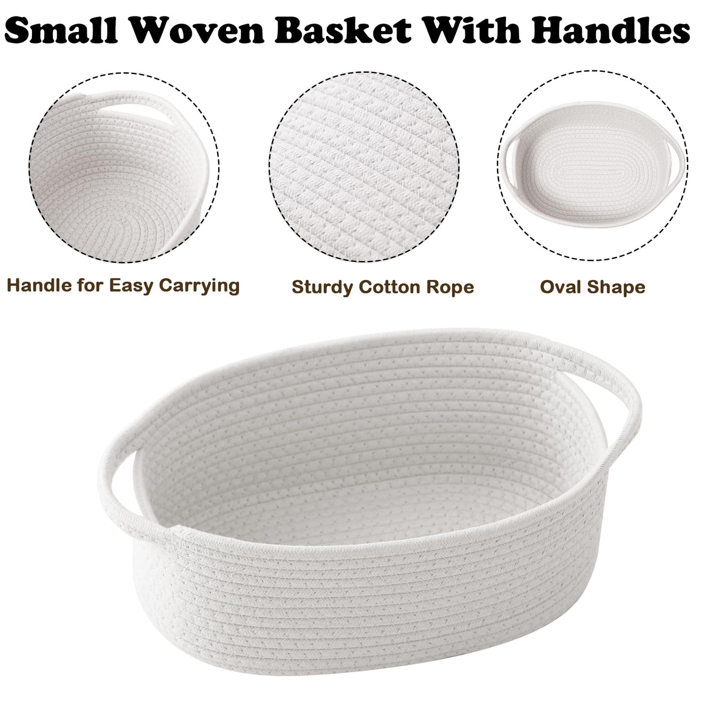 HZFTJOY 2 Pack Small Woven Rope Basket-Empty Gifts Basket with Bag and Ribbons,Cute Handle Organizer Box for Birthday/Baby Shower, Toy Storage, Nursery Organizing & Shelf Decor(White)