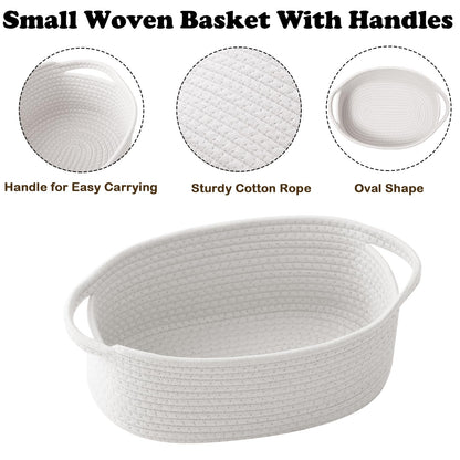 HZFTJOY 2 Pack Small Woven Rope Basket-Empty Gifts Basket with Bag and Ribbons,Cute Handle Organizer Box for Birthday/Baby Shower, Toy Storage, Nursery Organizing & Shelf Decor(White)