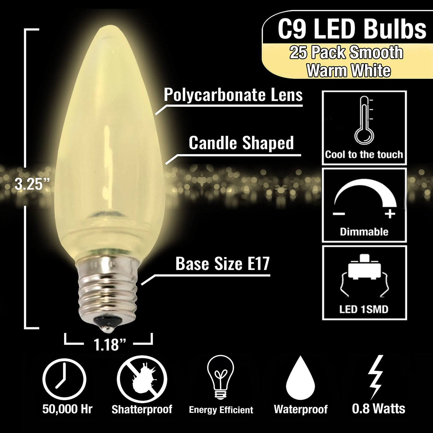 MIK Solutions C9 Christmas Lights LED Bulb (Pack of 25) Soft Warm White Replacement Christmas Light Bulbs Smooth Candle Shape Commercial Grade E17 Socket Roof Lights Bulbs