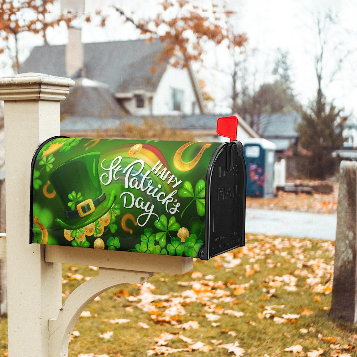 Happy St. Patrick's Day Shamrock Clovers Rainbow Green Hat Mailbox Cover - Magnetic, Standard Size 18" X 21"