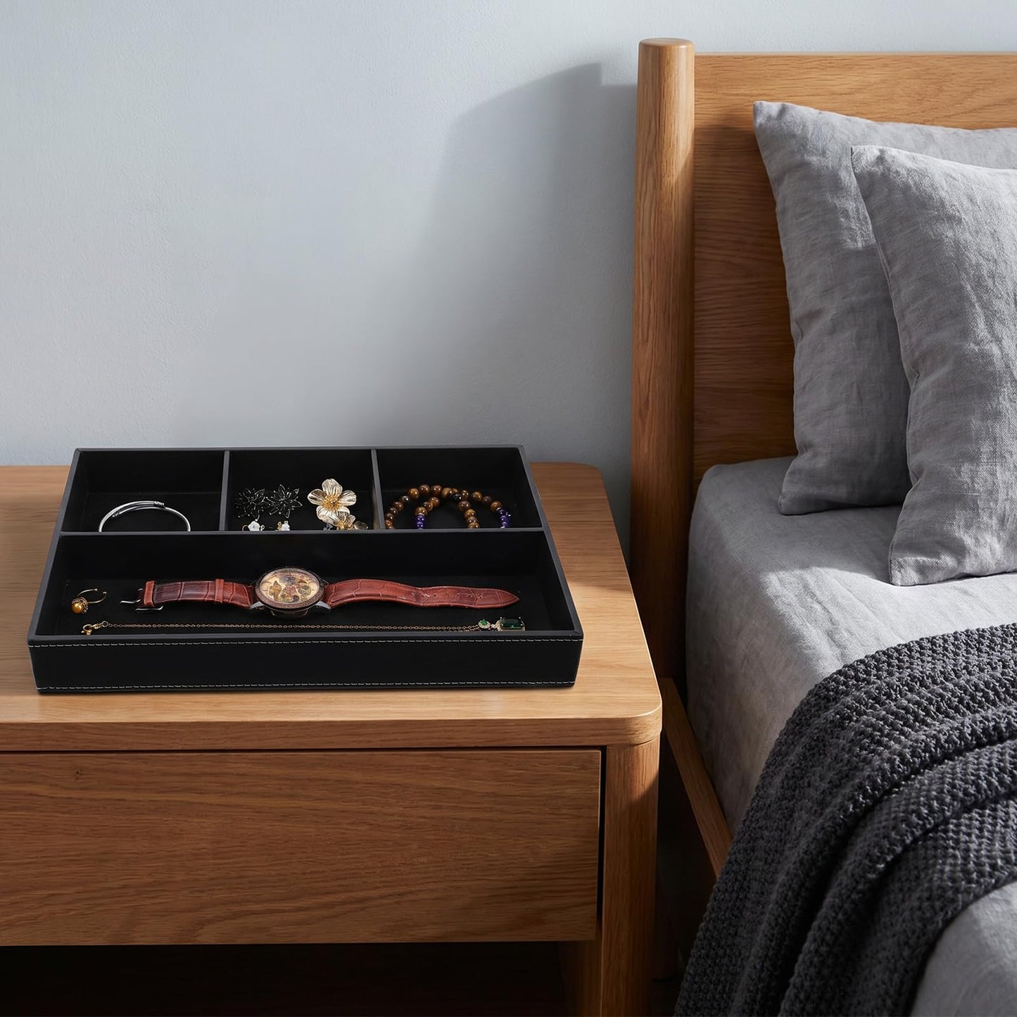 Afcabakila 2 Pieces Leather Valet Tray Nightstand Drawer Organizer Stackable Jewelry Organizer For Drawer Key Wallet Sunglass Watch Coin Phone Bedside Dresser Top Tray Black