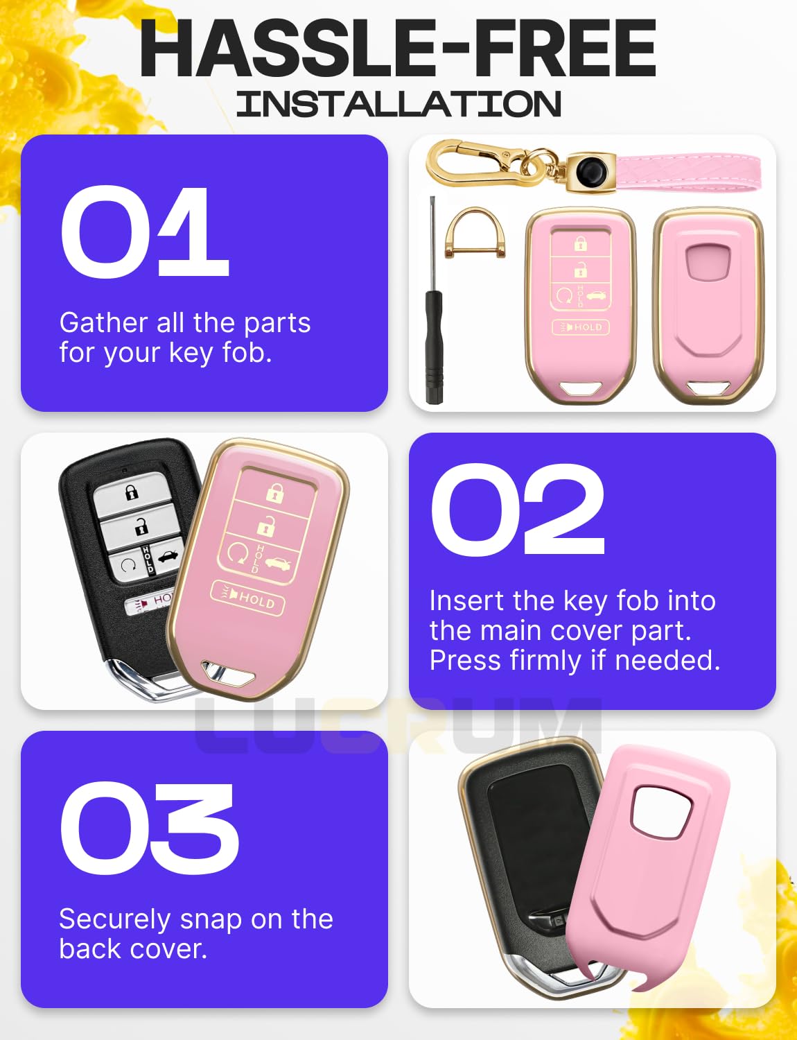 Lucrum Compatible with Honda Key Fob Cover & Leather Keychain - TPU Keyfob Case for Accord Civic CR-V HR-V Pilot Ridgeline Crosstour Fit, For 5 Button Remote (2015-2021) - Pink and Gold