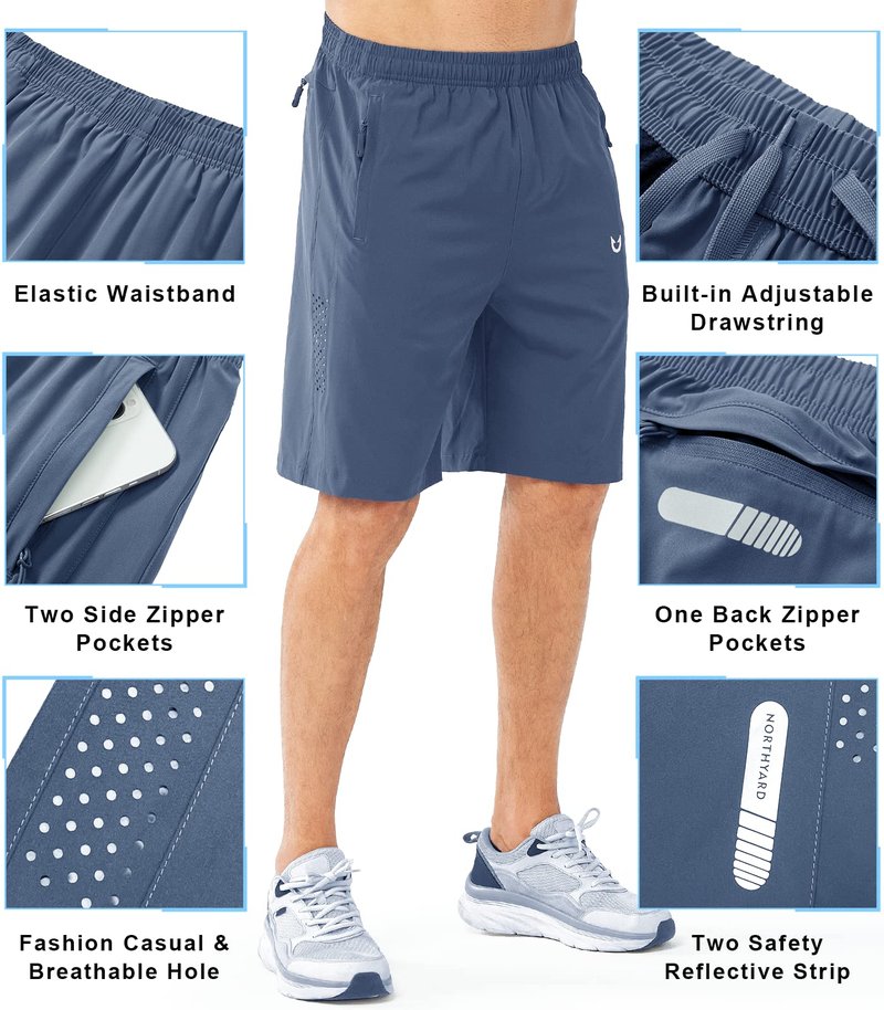 NORTHYARD Men's Athletic Running Shorts Gym Workout 7"/9"/5" Quick Dry Lightweight Sports Basketball Tennis 3 Zipper Pockets FEDERALBLUE-9inch S