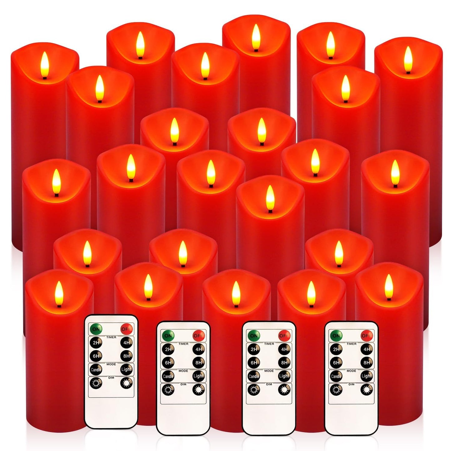 fclayvts 24 Pack Red LED Candles with Remote & Timer - Flameless Pillar Candles with 3D Flickering Flame, Battery Operated for Christmas Tree, Table Centerpieces, Party Decor