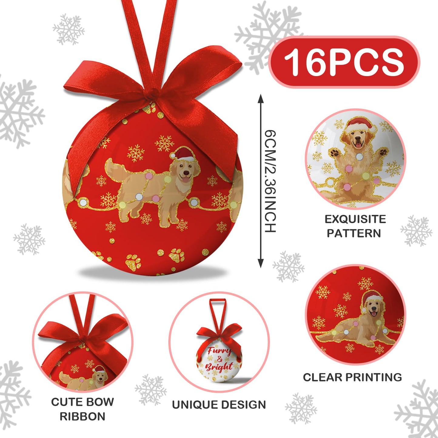 Golden Retriever Christmas Decor - Dog Christmas Tree Decorations Golden Retriever Ornament Hanging Balls, Cute Decorations Ball 2.36 Inch for Xmas Tree Party Home Holiday，Xmas Gifts Set of 16Pcs