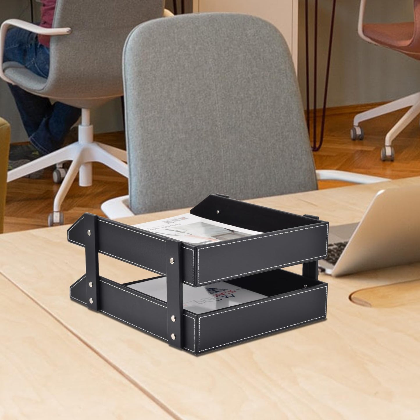 XNONE Leather Desk Organizer,2-Tier Stackable Letter Tray Holder,Office Supplies Desktop Storage Box for Document,Stationery,Magazines,Newspapers,Letters and Other Home Office Paper Sundries,Black