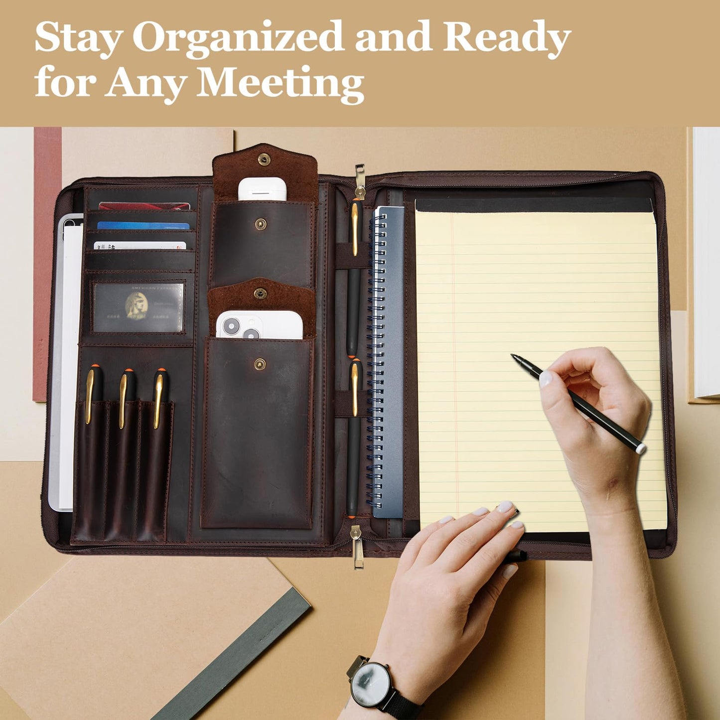 Geslun Genuine Leather Portfolio with Hidden Handle, Zippered Front Pocket, Business Padfolio for Men and Women, 8.5 x 11 Legal Pad Notebook Holder, Office Letter Notepad Folio, Dark Brown