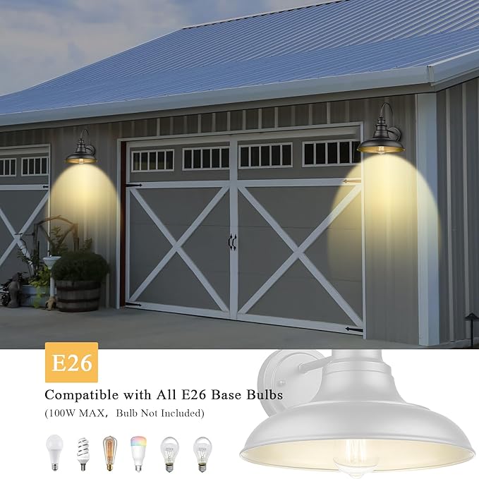 Outdoor Barn Light Fixtures, 12.3 Inch Large Dome Farmhouse Wall Mount Light Gooseneck Wall Sconce Exterior Wall Lighting Fixture Industrial Black Finish Lantern for Porch with Gold Interior, 2pack