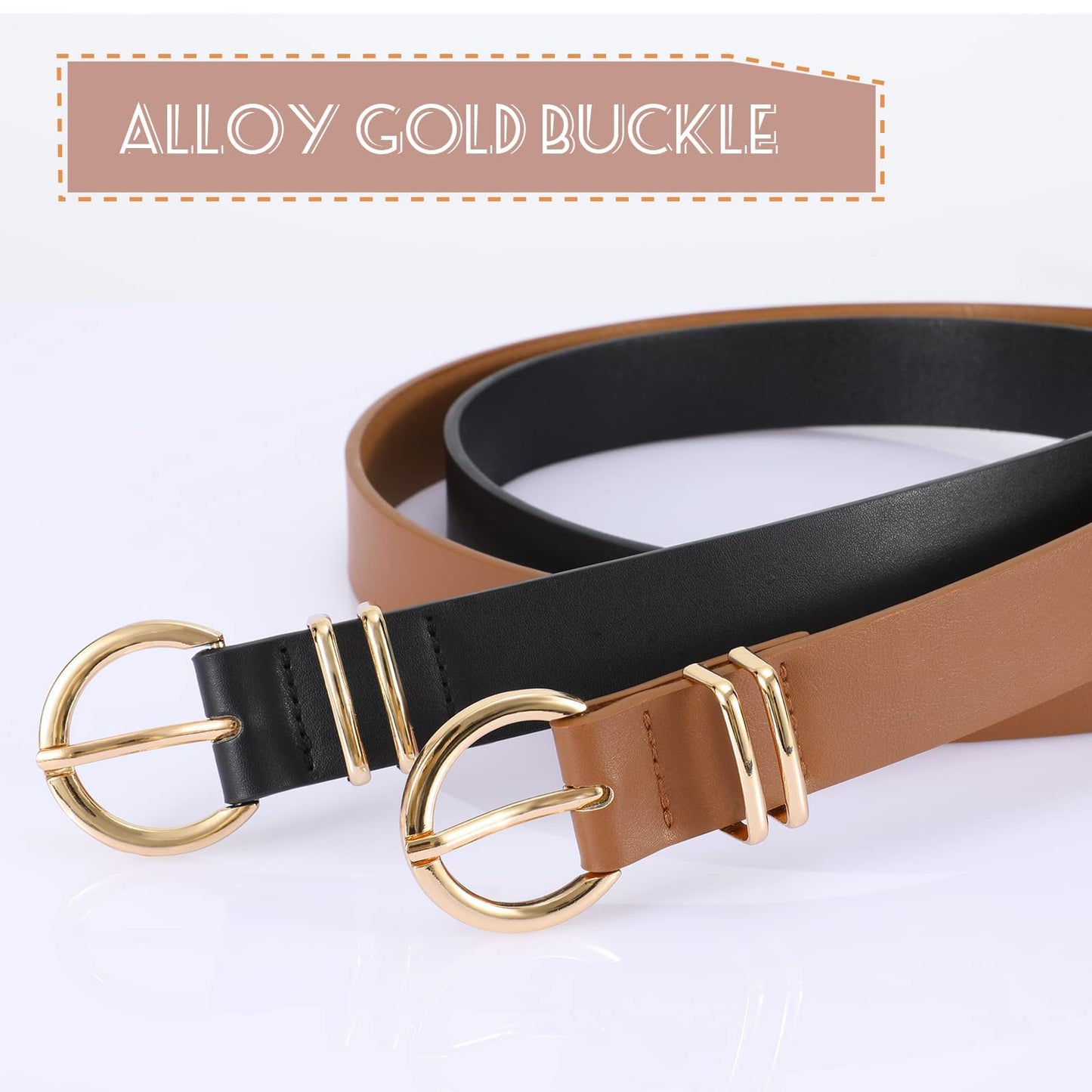 VONMELLI 2 Pack Women's Leather Belts for Jeans Pants Fashion Gold Buckle Ladies Belt Black Brown L