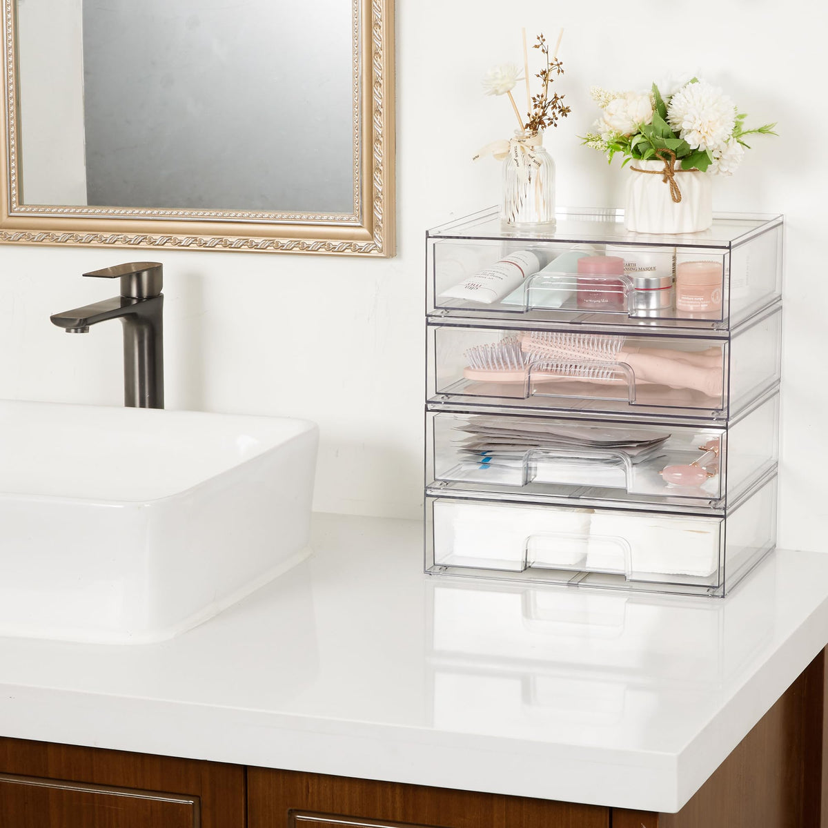 Vtopmart 12.1''W Clear Stackable Storage Drawers,2 Pack Acrylic Plastic Organizers Bins for Makeup Palettes, Cosmetics, and Beauty Supplies,Ideal for Vanity, Bathroom,Cabinet,Desk Organization