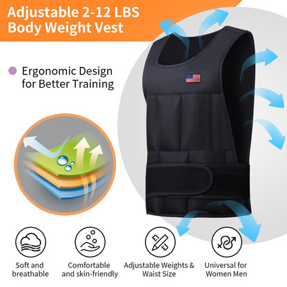 Wolliwa Adjustable Weighted Vest for Men Women,2-12 Lbs Adjustable Weighted Vest with Straps Womens Running Weight Vest for Walking Strength Training Fitness (Black, Adjustable 2-12 Lbs)