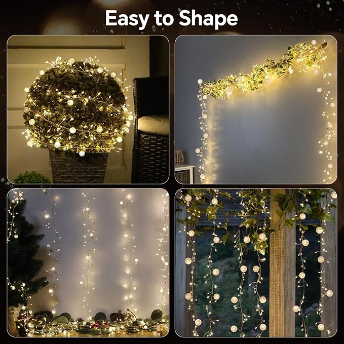 Copper Wire Firecracker Christmas Lights, 10FT 200LED Battery Operated Twinkle Cluster Fairy Lights for Christmas Tree with Remote for Bedroom Dorm Wreath DIY Wedding Christmas Decoration
