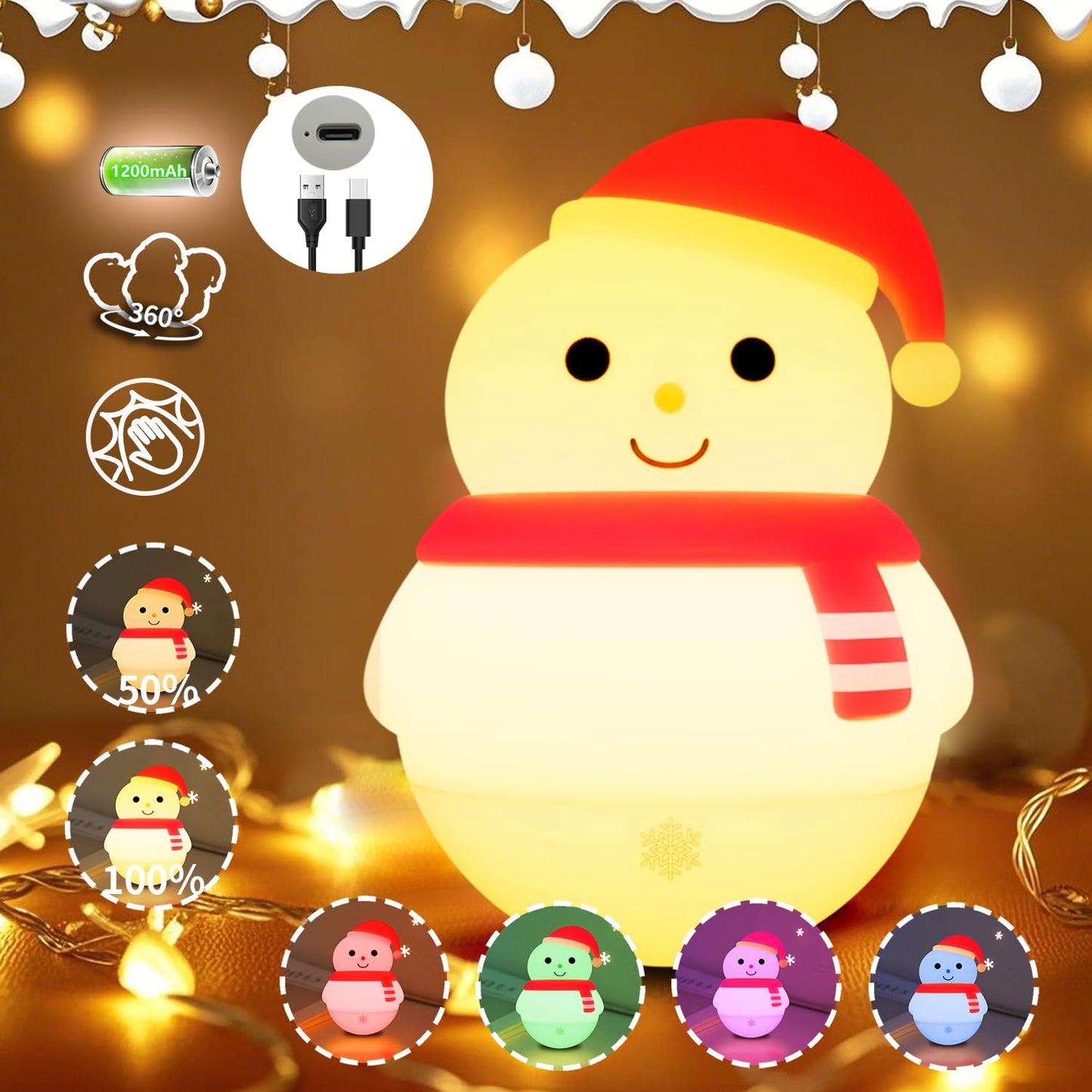 Colorful Life Snowman Silicone Night Light, Rechargeable Pat-Activated LED Lamp, Soft Ambient Bedside Light for Kids Bedroom & Nursery, Cute Ideal Gift for Christmas & Holidays