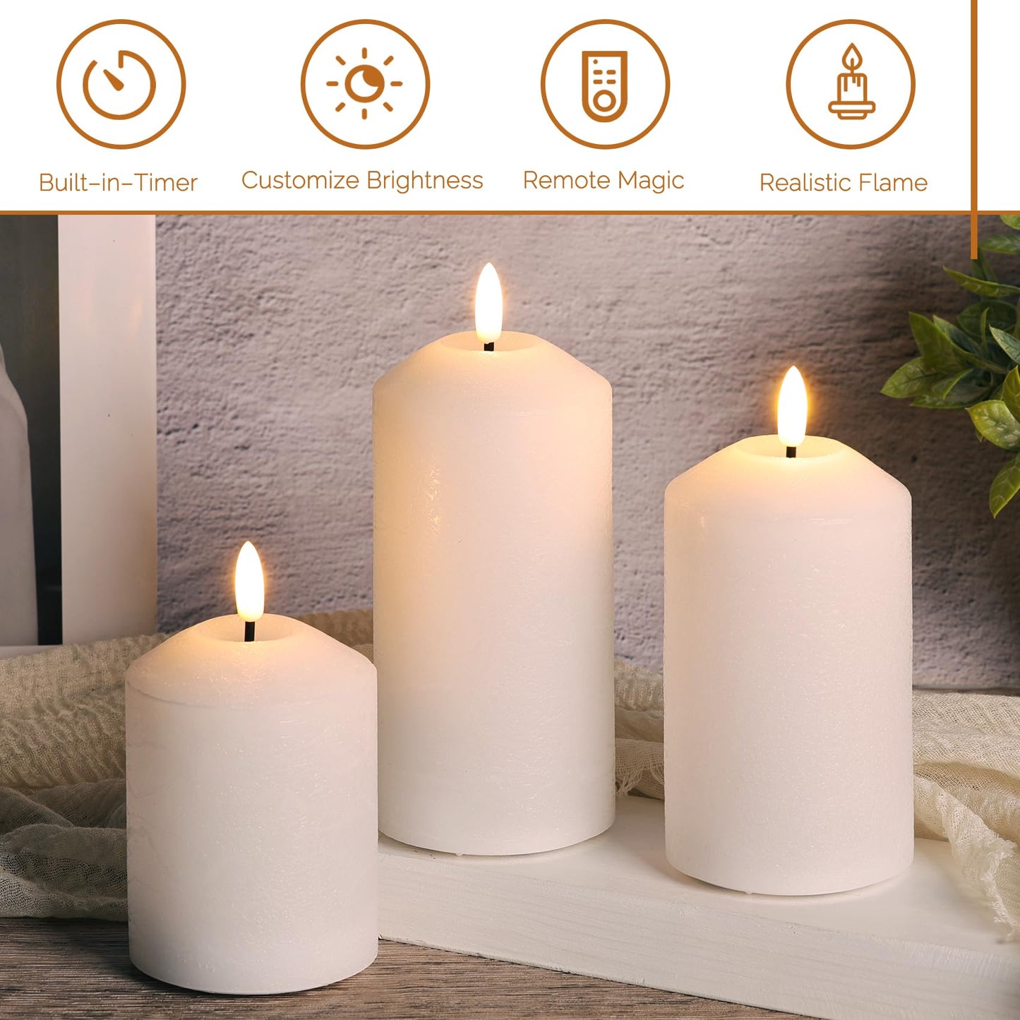 Girimax White Flameless Pillar Candles with Remote, Real Wax LED Candles Battery Powered Flickering Set of 3