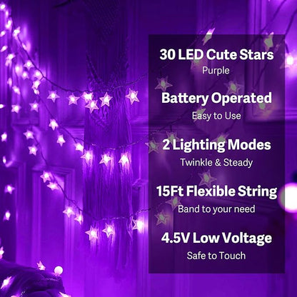 ITICdecor Star Lights 15 FT 30 LED Battery Operated Indoor&Outdoor Twinkle Fairy String Lights for Xmas Tree (Purple)