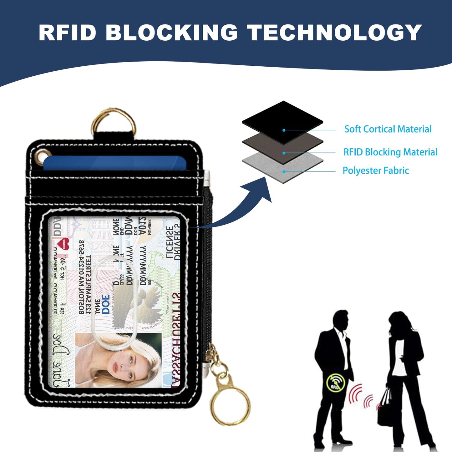 DATOUCAT Slim Wallet Credit Card Holder, Black, RFID Wallet Women Cute Small Front Pocket Wallet With Zipper, PU Leather Thin travel RFID Blocking Card Case ID Window,Ladies Gifts
