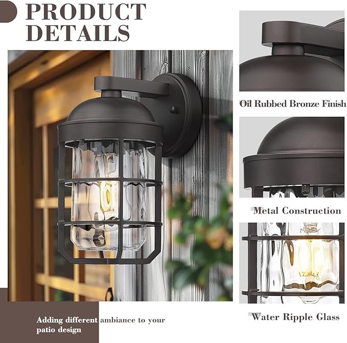 Emliviar Retro Wall Lamp Wall Mounted for House, Medium 1-Light Exterior Wall Lighting with Metal Cage, Oil Rubbed Bronze with Water Ripple Glass Shade, GE255BL ORB-WG