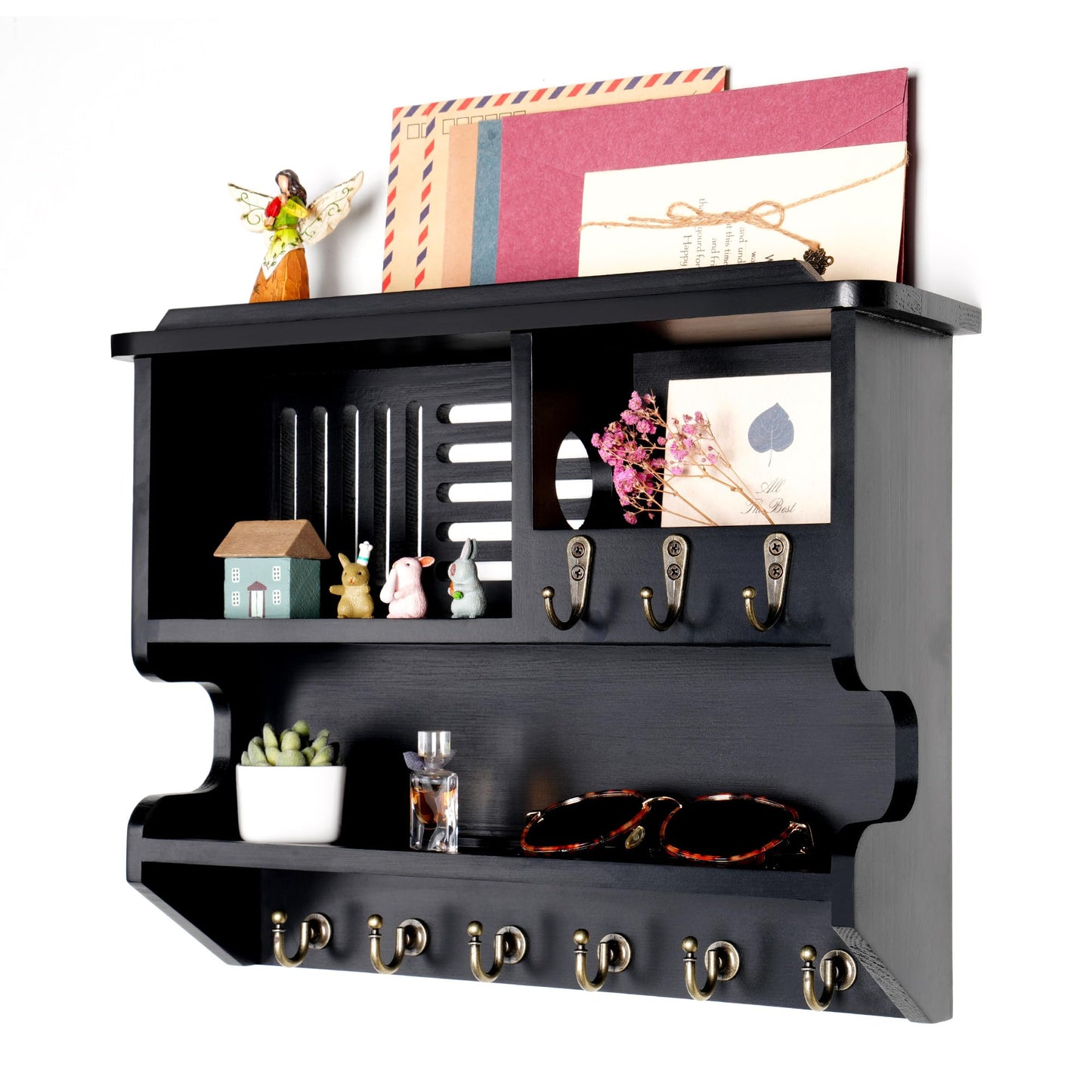 Mutsault Key Holder for Wall, Mail and Key Holder for Home Decor, Key and Mail Holder for Wall with Key Hooks, Black