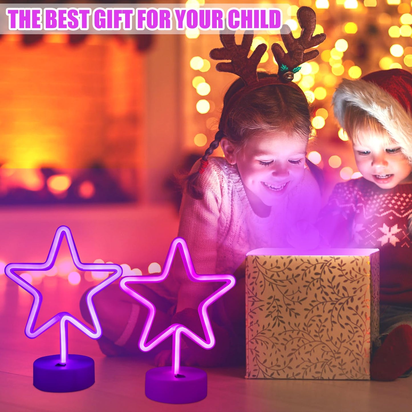 TT·SSTIE Star Neon Sign LED Star Lights for Wall Decor Battery Powered or USB Neon Star Light with Base Neon Sign for Bedroom Party Bar Gift Birthday Decoration Pink & Purple-2PCS