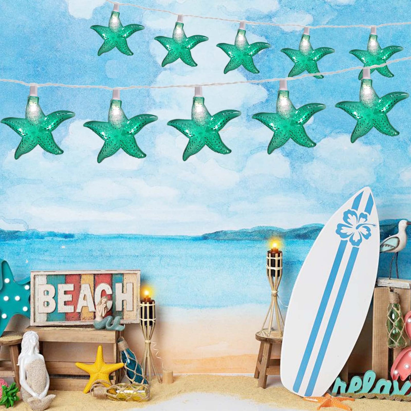 Ocean Themed Starfish String Lights 8.3Ft Marine Fairy String Lights 10 LED Green Starfish Lights, Waterproof Connectable Hanging Tropical Lights for Ocean Room Patio Garden Decor, Warm White