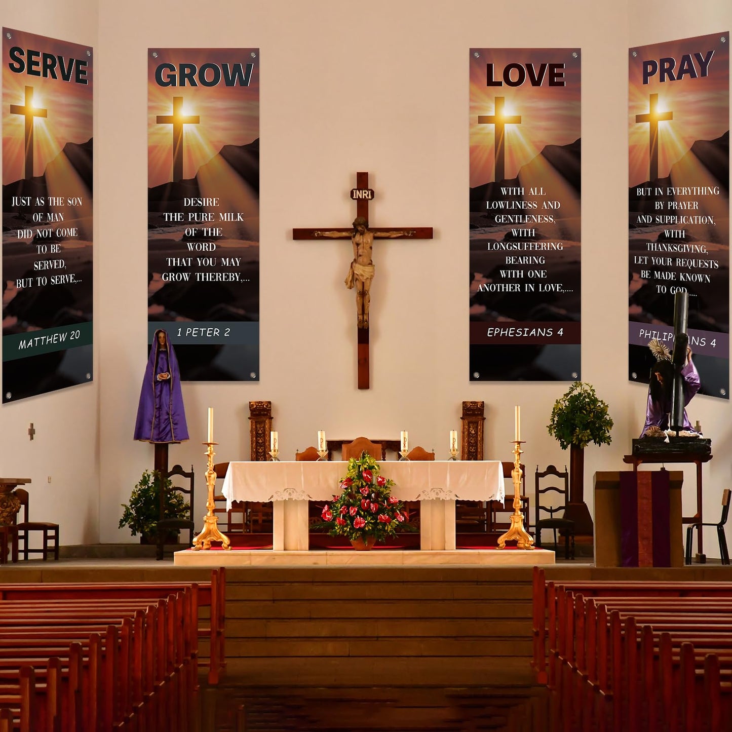 4Pcs Easter Church Banners for Sanctuary Wall Welcome Religious Banner Easter Serve Grow Love Pray Hanging Backdrop Cross Sunset Church Signs Scripture Bible Verse Banner for Christian School Decor