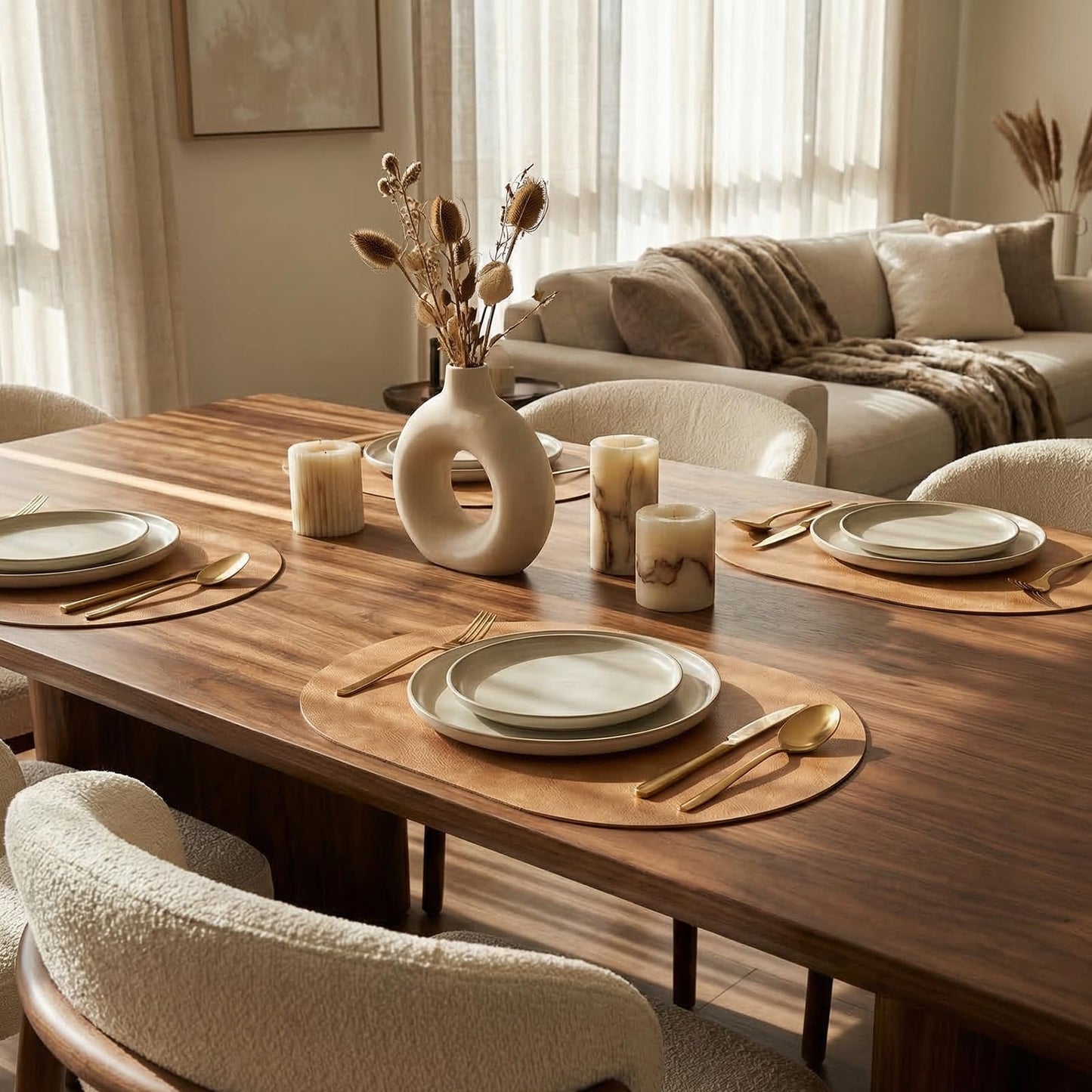 BIPASION Oval Placemats 2mm Ultra Thick Faux Leather Table Mats, Heat Resistant Waterproof Wipeable Dining Mats for Kitchen Table, Set of 6, Soft Apricot