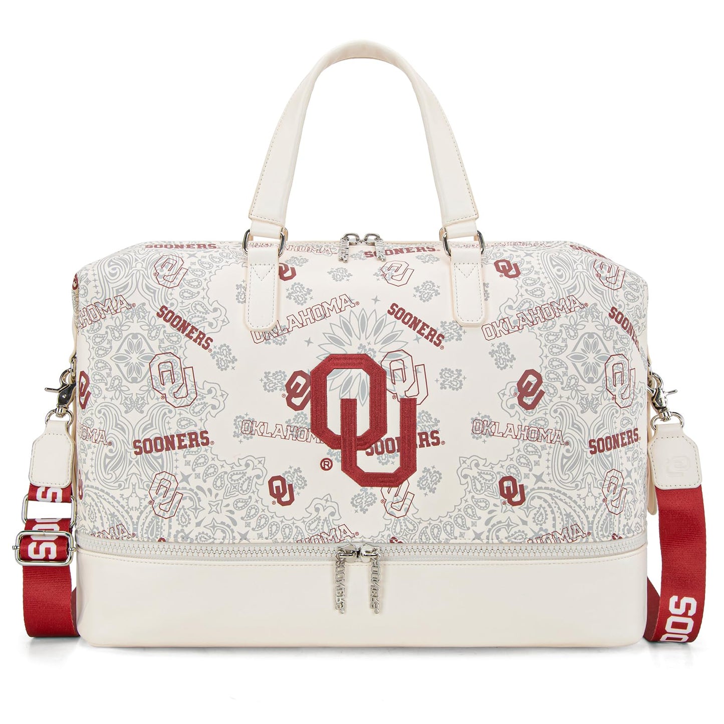 Oklahoma Sooners Duffel Gym Bag with Trolley Sleeve, OU Overnight Duffel Bag for Sport Fan Gifts | Beige, NC-OU008BG